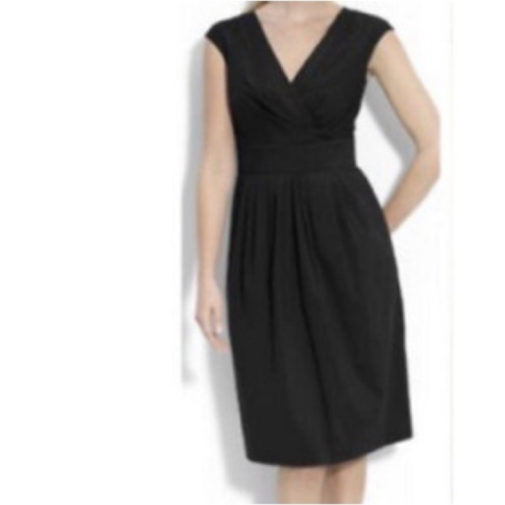 Lafayette 148 Black Gathered Pleated Faux Wrap Dress; Size 14.